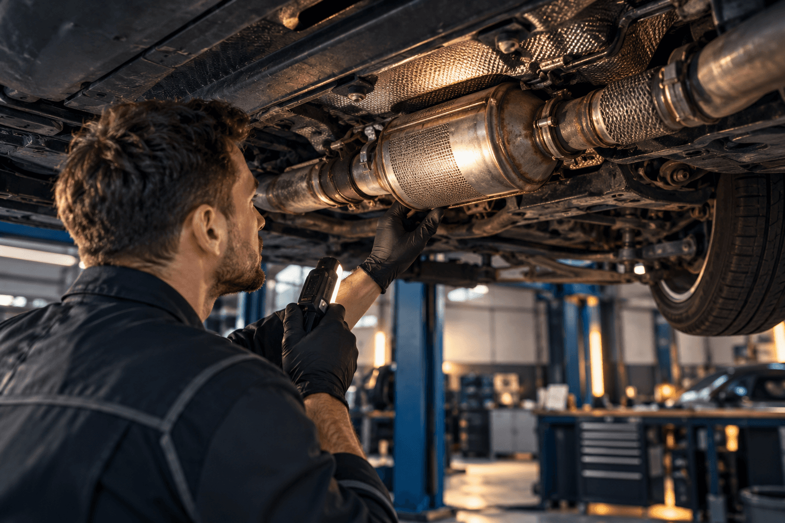 Mechanik diagnozujący filtr cząstek stałych w samochodzie z silnikiem Diesla